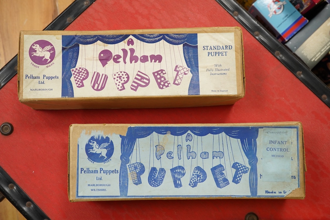 Five boxed Pelham Puppets including; a Type SL Hansel, Gretel, Bembo the Clown, the Policeman with moving mouth, Mr. Turnip